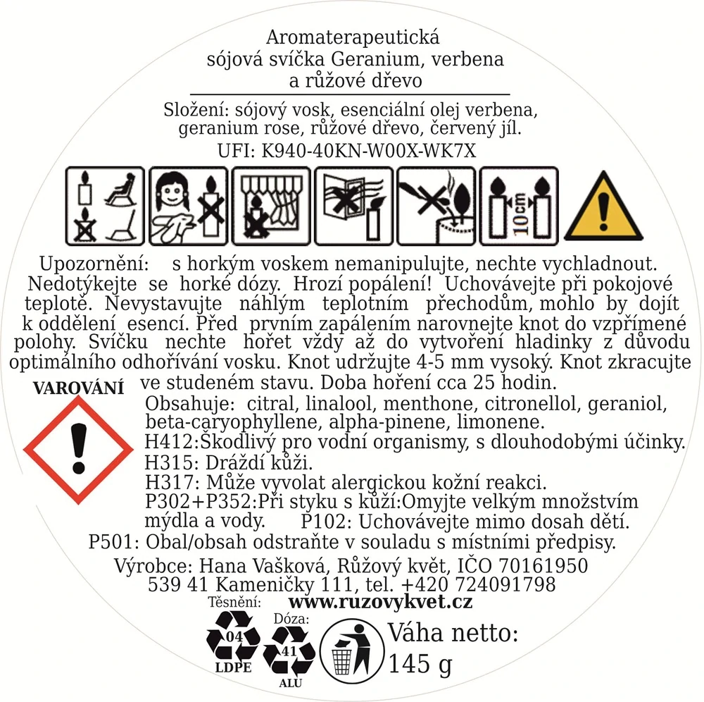 Vonná sójová svíčka Geranium, verbena a růžové dřevo 145 g
