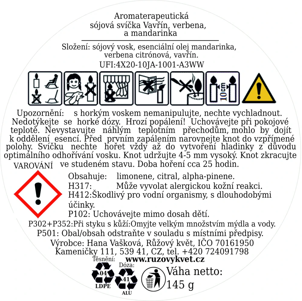 Aromaterapeutická sójová svíčka Vavřín, verbena a mandarinka 145 g