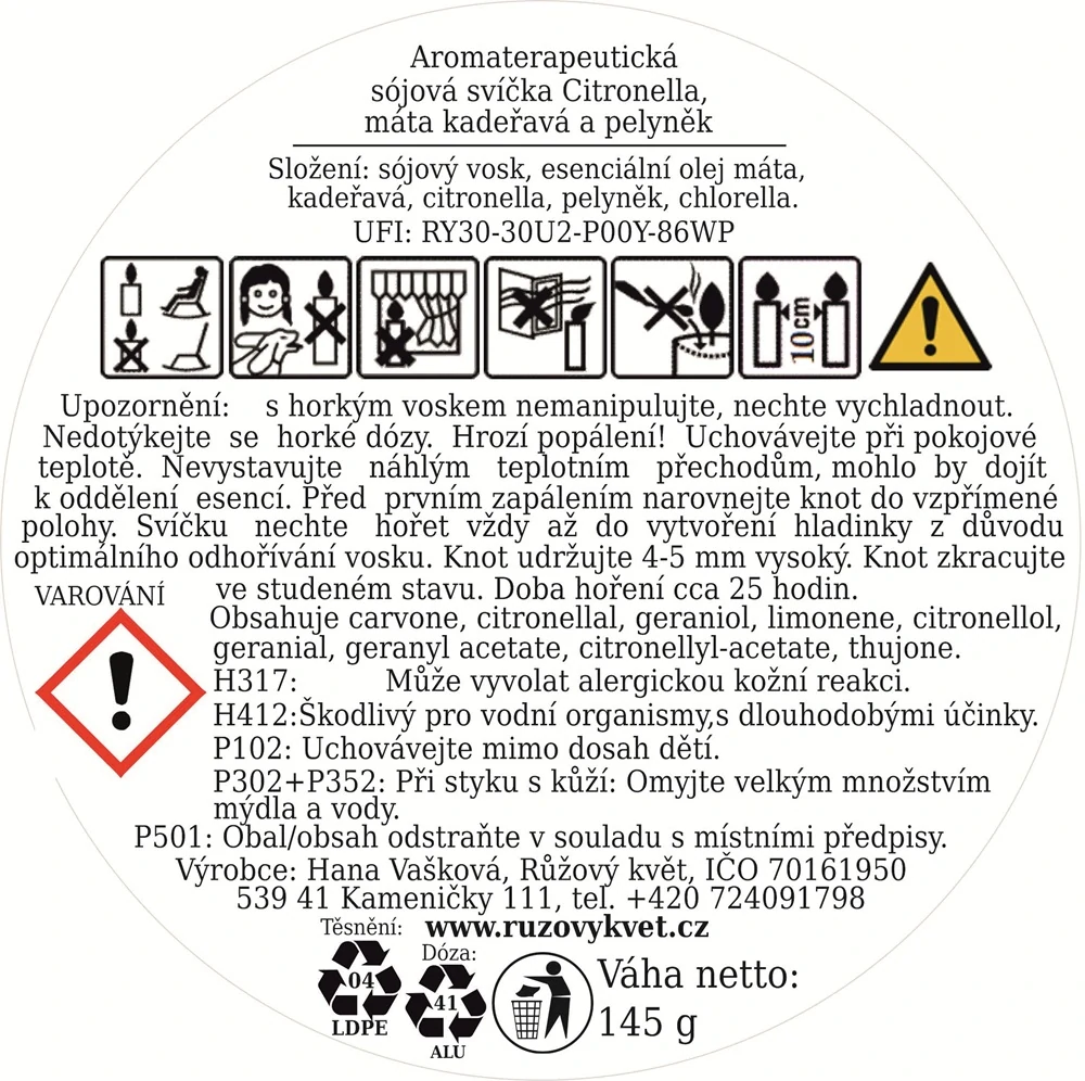 Aromaterapeutická sójová svíčka Citronella, máta kadeřavá a pelyněk 145 g