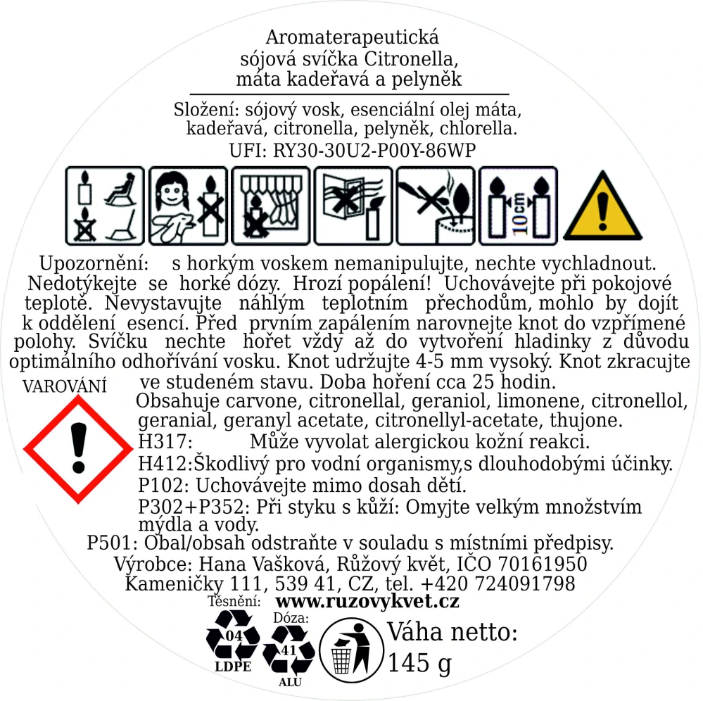 Aromaterapeutická sójová svíčka Citronella, máta kadeřavá a pelyněk 145 g