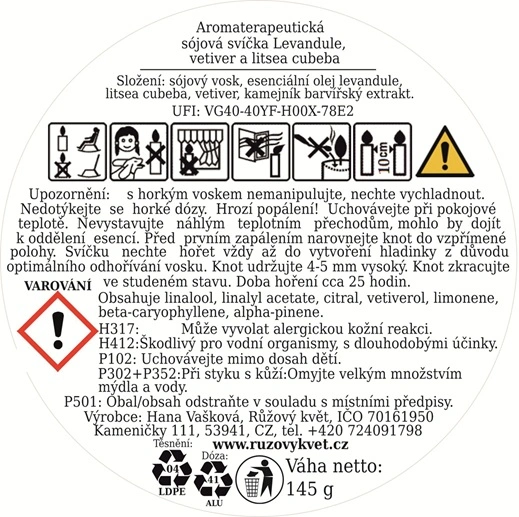 Aromaterapeutická sójová svíčka Levandule, vetiver a litsea cubeba 145 g