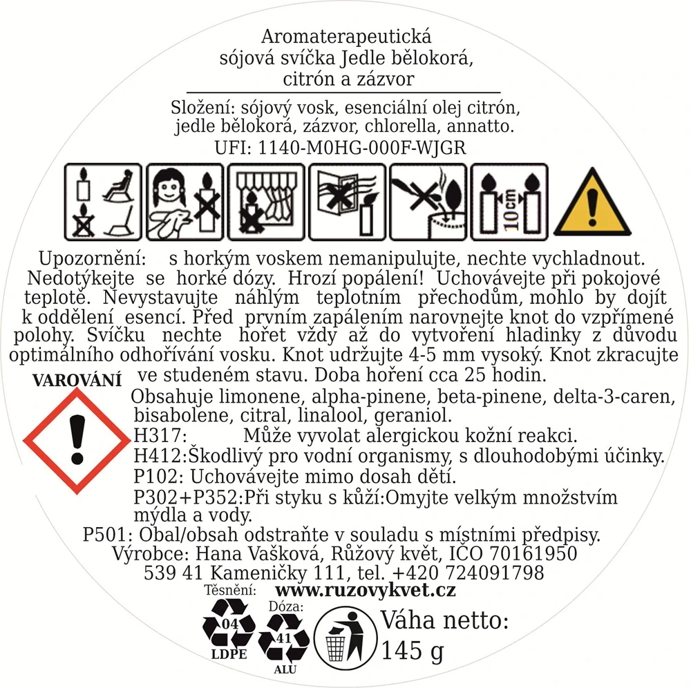 Aromaterapeutická sójová svíčka Jedle bělokorá, citrón a zázvor 145 g