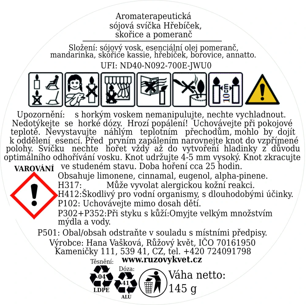 Aromaterapeutická sójová svíčka Hřebíček, skořice a pomeranč 145 g