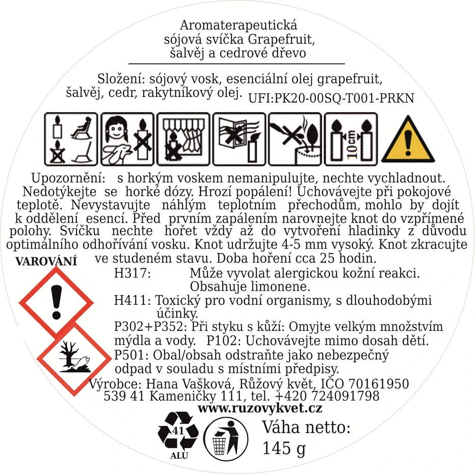 Aromaterapeutická sójová svíčka Grapefruit, šalvěj a cedrové dřevo 145 g