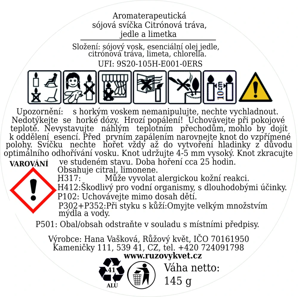 Aromaterapeutická sójová svíčka Citrónová tráva, jedle a limetka 145 g