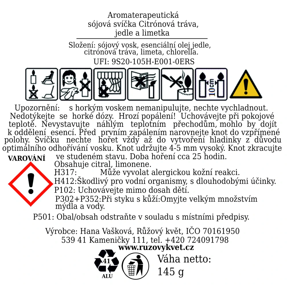 Aromaterapeutická sójová svíčka Citrónová tráva, jedle a limetka 145 g
