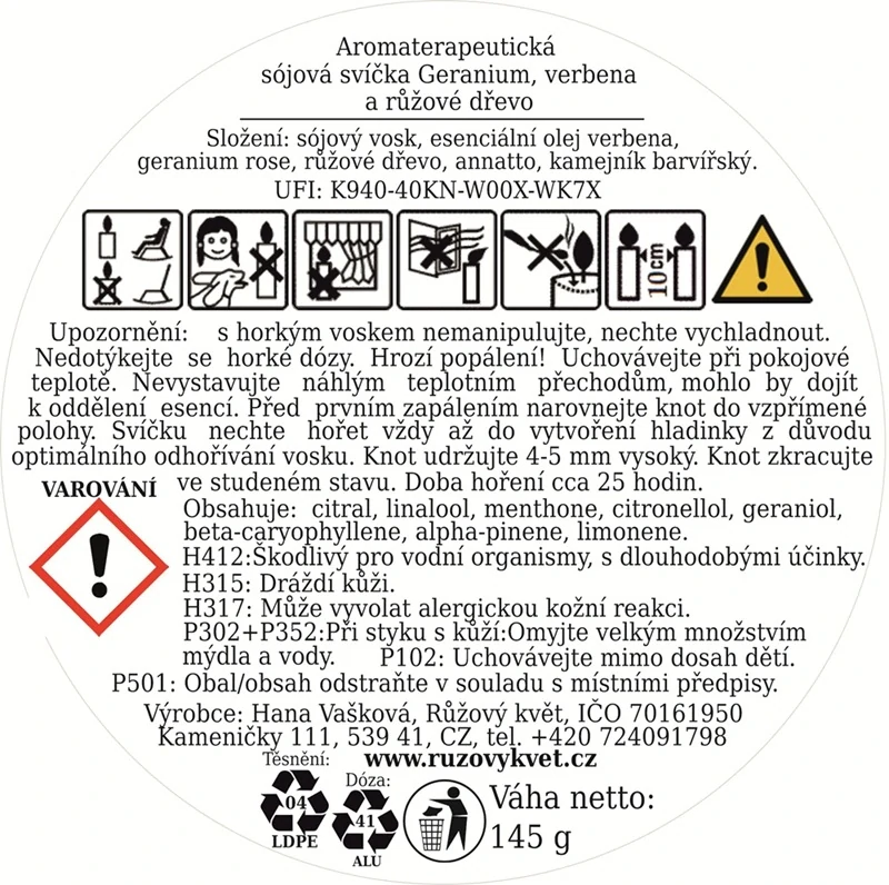 Vonná sójová svíčka Geranium, verbena a růžové dřevo 145 g