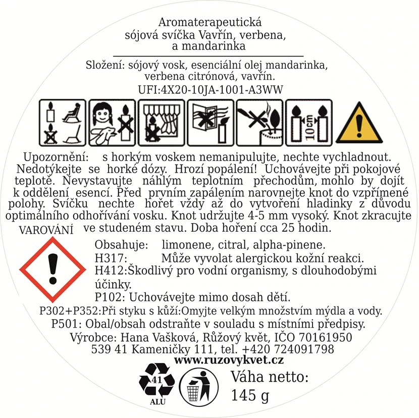 Aromaterapeutická sójová svíčka Vavřín, verbena a mandarinka 145 g