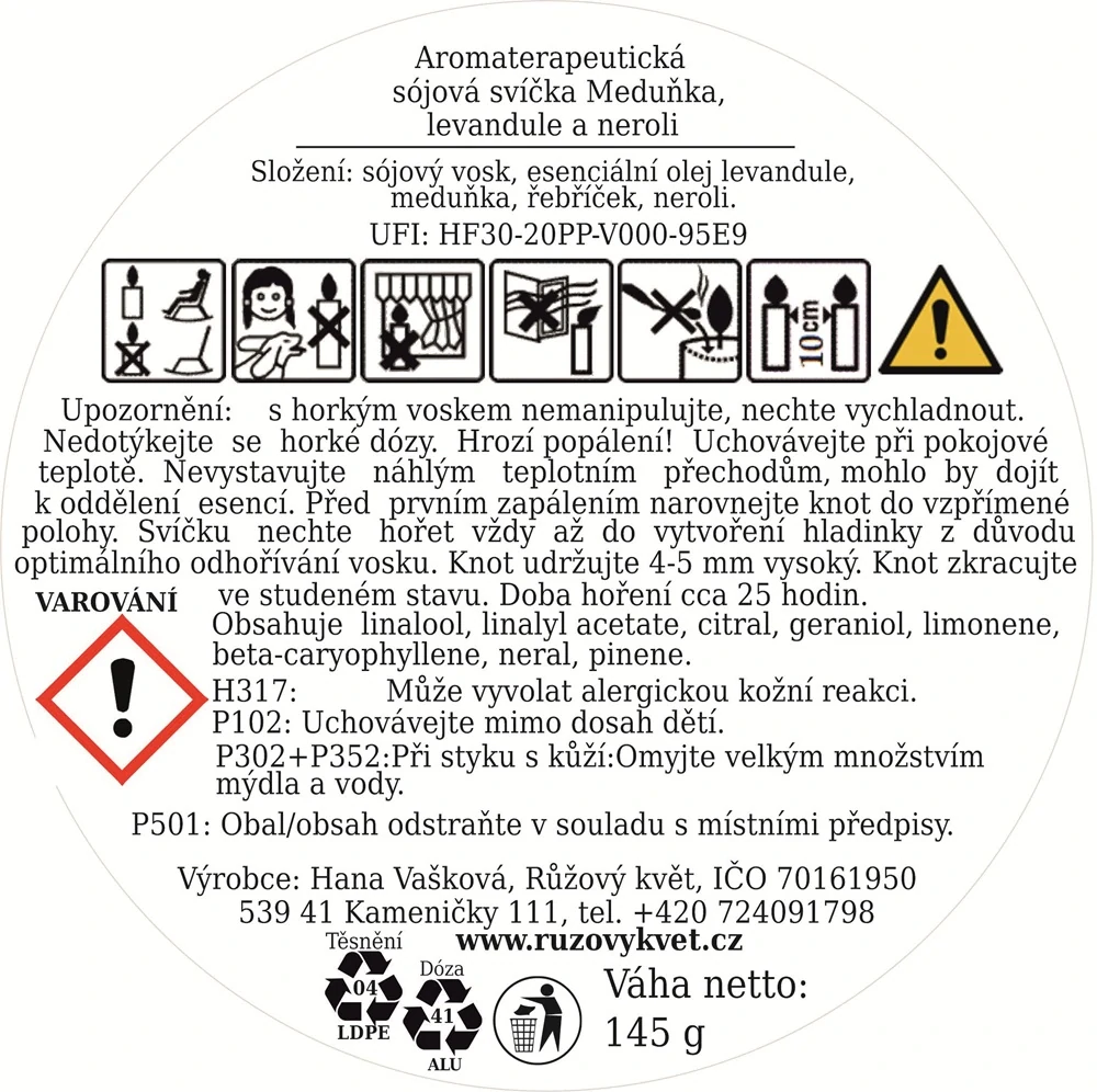Aromaterapeutická sójová svíčka Meduňka, levandule a neroli 145 g