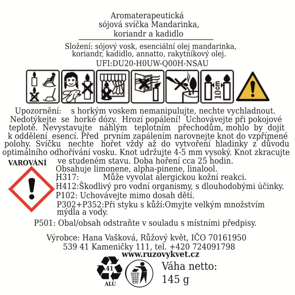 Aromaterapeutická sójová svíčka Mandarinka, koriandr a kadidlo 145 g
