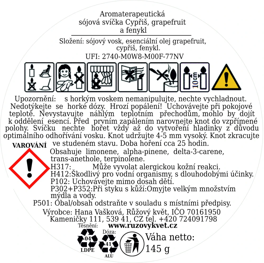Aromaterapeutická sójová svíčka Cypřiš, grapefruit a fenykl 145 g