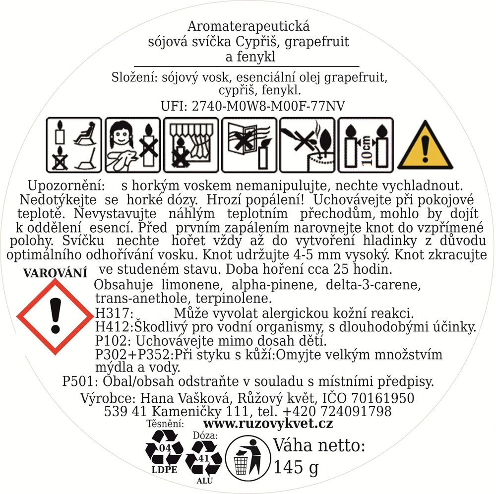 Aromaterapeutická sójová svíčka Cypřiš, grapefruit a fenykl 145 g