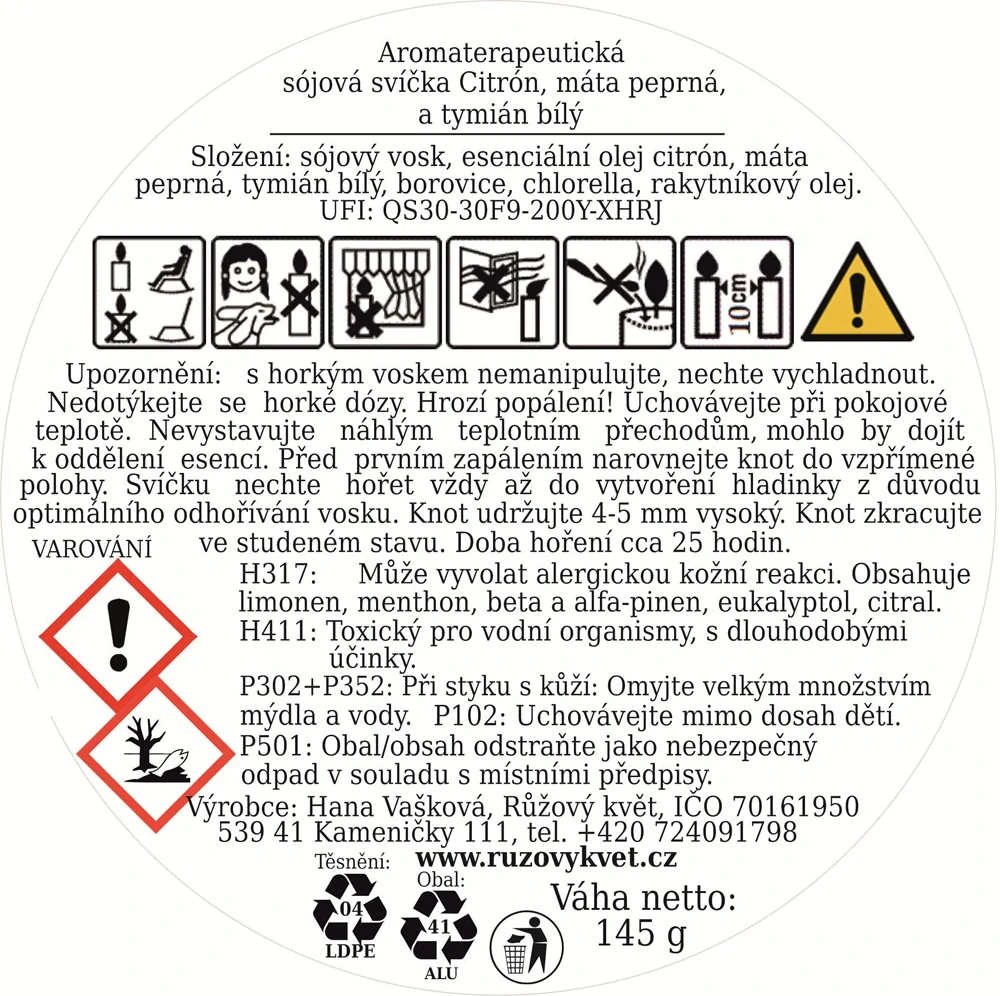 Aromaterapeutická sójová svíčka Citrón, máta peprná a tymián bílý 145 g