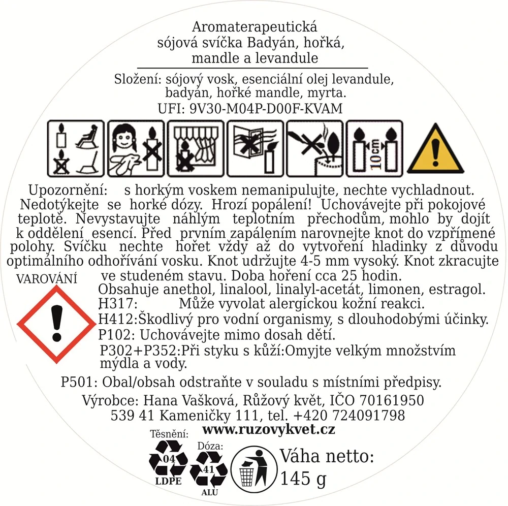 Aromaterapeutická sójová svíčka Badyán, hořká mandle a levandule 145 g