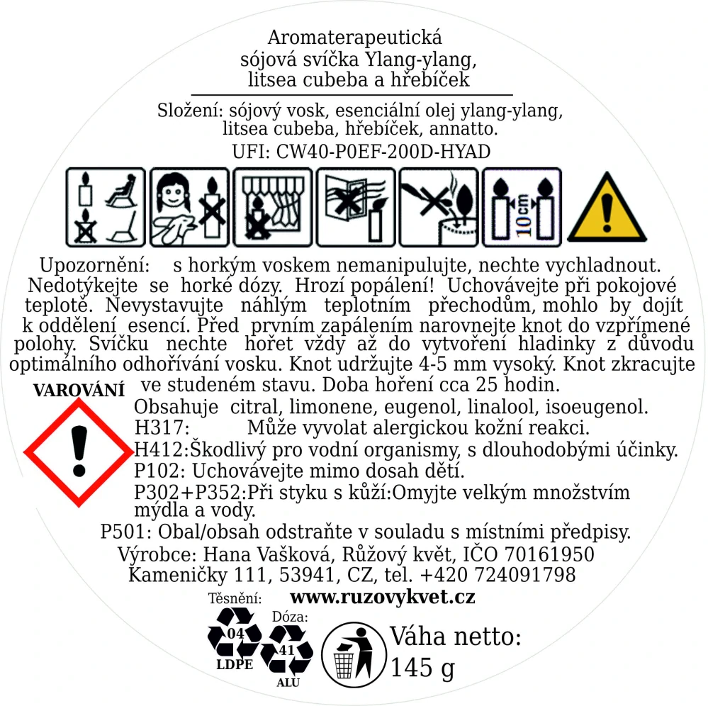 Aromaterapeutická sójová svíčka Ylang-ylang, hřebíček a litsea cubeba 145 g