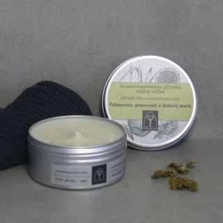 Aromaterapeutická sójová svíčka Palmarosa, pomeranč a dubový mech 145 g