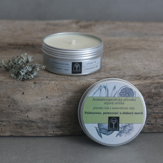 Aromaterapeutická sójová svíčka Palmarosa, pomeranč a dubový mech 145 g